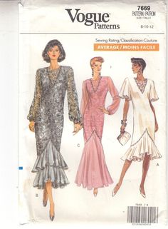 two women's dresses, one with ruffled hems and the other with long sleeves