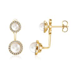 Made of solid 14k gold (not plated, not filled, not vermeil), these earrings are available in your choice of yellow, white, or rose gold Featuring genuine freshwater cultured pearls adorned with diamond halos, these drop earrings add a modern twist to a timeless style Transform your look from day to night with these convertible earrings - wear as studs for the day and add the jackets for night Meticulously crafted, these earrings are elegant with a innovative twist. Delivered in a beautiful gift box these earrings make the perfect for your nearest and dearest. Metal: 14K Solid Gold Diamonds: 0.20ctw (G color, VS clarity) Pearls: 4mm (top), 5.3mm (bottom) Length: 19.7mm (0.78 inches) Top Width: 6mm Bottom Width: 7.6mm (0.30 inches) Closure: Friction Back Sold as pair. This item typically sh Elegant Yellow Gold Dangle Cluster Earrings, Elegant Yellow Gold Cluster Dangle Earrings, Elegant Pierced Cluster Earrings In 14k Gold, Elegant Pierced 14k Gold Cluster Earrings, Elegant 14k Gold Pierced Cluster Earrings, Elegant 14k Rose Gold Cluster Earrings, Elegant Rose Gold 14k Cluster Earrings, Pearl Halo, Diamond Earring Jackets