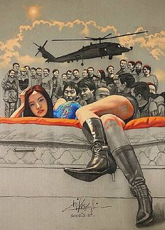 a drawing of a woman laying on a bed in front of a group of soldiers