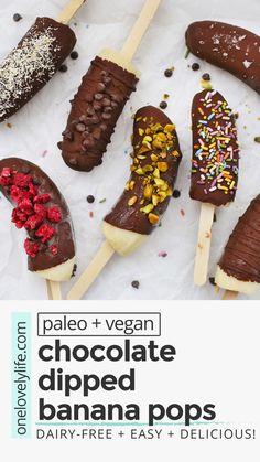 chocolate dipped banana pops with sprinkles and nuts are on a white paper