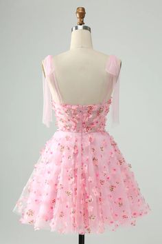 Amzcw Cute Pink A Line Pearls Corset Short Homecoming Dress with Appliques Flower White Short Dress With Flowers, Pink Flower Dress Short, Pink Hoco Dress Short, Pearls Corset, Satin Prom Dress Short, Floral Homecoming Dress, Pink Hoco Dress, Pink Hoco Dresses, Hoco Court