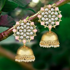 Product - Gold Kundan Meenakari Jhumka Earrings  *Stone : White Cubic Zirconia   *Metal : Brass *Closing : Push Back *Color : Golden & Light Pink  *Weight : 40.30 Gm  *Feature : Handmade *Length : 2.75 inches. Free Shipping Worldwide! Sold As a Pair A pair of Traditional Floral Meenakari Jhumka for Women. This Lightweight Meenakari Earrings with Hanging Pearls is very much in high trend gives you a real ethnic as well as antique look. It looks beautiful, is durable & also affordable. This Golden Golden Jhumka Earrings, Golden Jhumka, Jhumkas Earrings, Meenakari Earrings, Earrings Kundan, Jhumki Earrings, Kundan Earrings, Earrings Beaded, Ethnic Earrings