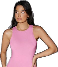 a woman in a pink bodysuit posing with her hands on her hips