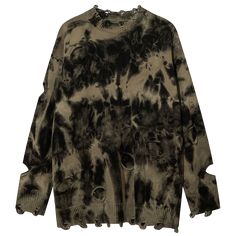 Oversized knit sweater featuring a grungy tie-dye effect in shades of olive green and black. The sweater has an intentionally distressed look with multiple holes and frayed edges throughout, giving it a worn and edgy appearance. The tie-dye pattern creates a unique, mottled effect that varies across the garment. The ribbed crew neck, cuffs, and hem add structure to the relaxed silhouette. This piece combines comfort with a bold, alternative aesthetic, perfect for those seeking a statement piece Ripped Sweater, Harajuku Street, Tie Dye Sweater, Round Neck Sweater, Oversized Knitted Sweaters, Sweater Men, Round Neck Sweaters, Tie Dye Patterns, Sweater Sale