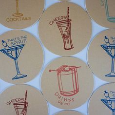 image of coasters Coasters Merch, Bar Coaster Design, Vintage Coaster Design, Coaster Design Branding, Cool Coasters Design, Bar Merchandise Ideas, Summer Cocktail Party Decor, Restaurant Collateral, Cocktail Graphic Design