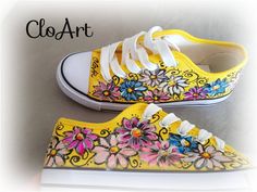 Yellow Sneakers With Rubber Sole For Spring, Hand Painted Multicolor Sneakers For Summer, Cute Yellow Sneakers For Spring, Hand Painted Yellow Casual Sneakers, Casual Hand Painted Yellow Sneakers, Yellow High-top Canvas Shoes For Spring, Yellow Lace-up Canvas Shoes For Spring, Hand Painted Low-top Sneakers For Spring, Yellow High-top Summer Sneakers