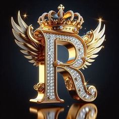 the letter r is made up of gold and diamonds with wings on it's sides