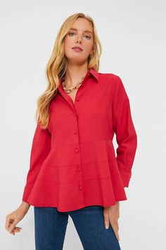 Red Ashlen Blouse | Pomander Place Feminine Red Blouse For Work, Red Peplum Tops For Spring, Chic Red Button-up Shirt, Chic Red Peplum Top, Chic Red Shirt With Buttons, Red Office Shirt For Spring, Ruffle Collar Shirt, Royal Blue Blouse, Coffee Dates