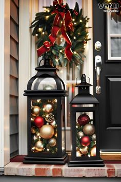 Elegant holiday lanterns filled with festive ornaments and glowing lights, paired with a classic wreath adorned with a red bow, creating a warm and inviting front door decor. Lanterns For Christmas Decorating Ideas, Lantern Filled With Ornaments, Christmas Lantern Outdoor, Christmas Front Decor Ideas, Ornaments In Lantern, Lantern On Stairs, Holiday Lantern Decor, Xmas Entrance Decor, Christmas Light Decoration