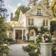 a white house with lots of flowers in the front yard