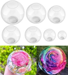 several different images of soap bubbles with flowers in them