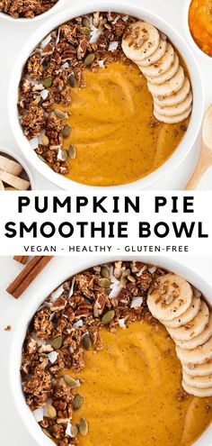 two bowls filled with pumpkin pie smoothie bowl