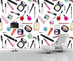 the wallpaper is full of cosmetics and makeup products, including eyeshades and lipstick