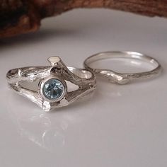 14k Gold Twig Style Engagement Ring, Blue Aquamarine Wedding Band Set, Bridal Set, Branch, Nature, Tree Style by Dawn Vertrees #TwigRing #GemstoneEngagement #BranchRing #AlternativeRing #TreeEngagement #DawnVertrees #TwigEngagement #jewelry #AquamarineWedding #BranchEngagement Branch Wedding Band, Aquamarine Wedding Band, Aquamarine Wedding, Gold Twigs, Engagement Ring Blue, Blue Engagement Ring, Faceted Ring, Branch Ring, Bridal Ring Sets