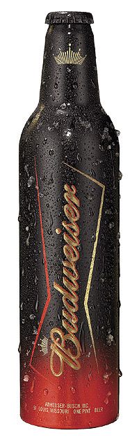 a black and red beer bottle with water droplets on it