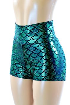 Emerald Green High Waist Dragon Scale Mermaid Metallic Spandex Booty Shorts  151086 Mermaid Shorts, Green Mermaid, Mermaid Costume, Pole Fitness, Short Hairstyle, Mermaid Fashion