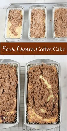 four pans filled with coffee cake sitting on top of a cooling rack