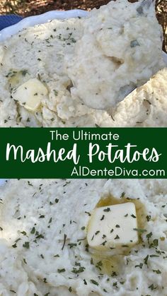 mashed potatoes with butter and herbs in a white bowl