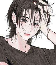 a drawing of a woman with black hair and piercings on her ears, looking at the camera