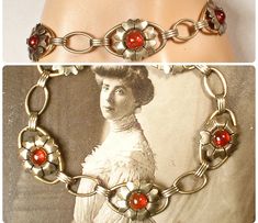 "I am SO thrilled to be offering a stunning Art Nouveau/Art Deco circa 1920s -1930s era 12 karat gold over sterling silver dark red glass cabochon flower link bracelet perfect for the Bride  The ornate flower shaped links feature deep red glass cabochon centers.  Note that it was tough to photo as the red is a true red/red with no hints of orange.   Bracelet measures 7 1/8 inches  (17.8 cm) around and is just under 5/8 inches at 9/16 inches (15 mm) wide.  This treasure is in excellent antique co Vintage Charm Bracelets For Wedding, Elegant Wedding Bracelets With Vintage Charm, Vintage Metal Bracelets For Weddings, Vintage Wedding Bracelet Jewelry, Vintage Adjustable Jewelry For Wedding, Art Deco Wedding Bracelet Jewelry, Vintage Adjustable Wedding Jewelry, Adjustable Vintage Wedding Jewelry, Antique Wedding Bracelet With Vintage Charm