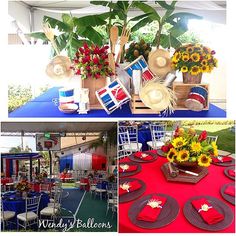 the table is set up with red, white and blue decorations for an outdoor party