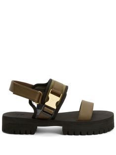 khaki leather logo-engraved buckle gold-tone hardware quick-release buckle fastening touch-strap fastening slingback strap rubber lug sole High End Handbags, Green Sandals, Giuseppe Zanotti Shoes, Black Leather Sandals, Green Shoes, Suede Sandals, Lug Sole, Black Rubber, Green Leather