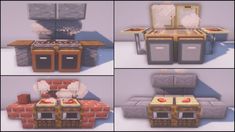 four different views of an old - fashioned stove and oven in various stages of development