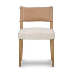 an upholstered wooden chair with beige fabric on the back and seat, against a white background