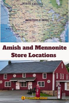 a red building with a map on it and the words amish and mennonie store locations