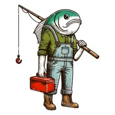 a cartoon fish holding a fishing rod and a red box