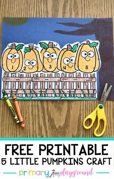 a printable pumpkin craft for kids with scissors and markers on the table next to it