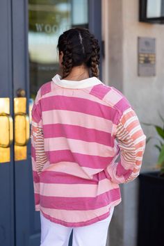 The ASTER STRIPE TEE offers a modern twist on the classic tee. Its oversized and provides a comfortable and stylish fit, while the unique design of different size stripes adds a touch of personality. Details + Fi Machine Wash cold Do Not Bleach Lay Flat To Dry Fits true to size Model is 5’7” and wearing size small Trendy Relaxed Fit T-shirt With Contrast Stripes, Trendy Relaxed Fit Top With Vertical Stripes, Oversized Sporty Tops With Contrast Stripes, Oversized Horizontal Stripe Top For Fall, Trendy Oversized Tops With Vertical Stripes, Sporty Cotton Tops With Vertical Stripes, Casual Tops With Contrast Stripes And Relaxed Fit, Oversized Trendy Top With Contrast Stripes, Trendy Oversized Tops With Contrast Stripes