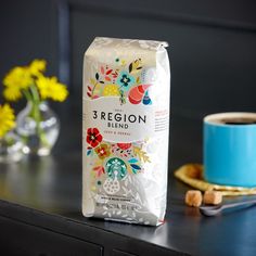 a bag of coffee sitting on top of a table