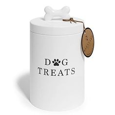 a white dog treat jar with a brown tag