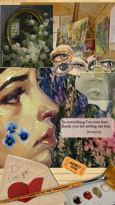 a collage of paintings and pictures with words written on them