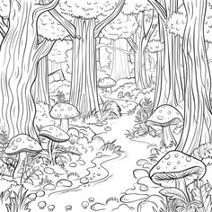 a black and white forest scene with mushrooms