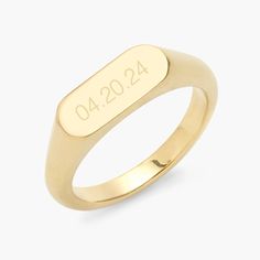 Add a personal touch to your style with the Evie Date Signet Ring! This custom gold ring features an engraved date - perfect for commemorating special occasions or as a playful addition to your everyday look. Available in 14k gold plated brass Size: 1/4" by 1/2" Protected with an anti-tarnish barrier With engraving this item is FINAL SALE SKU: BYR1140 Personalized Gold Engraved Ring For Everyday, Gold Engraved Ring For Everyday Wear, Everyday Yellow Gold Engraved Ring, Minimalist Personalized Gold Engraved Ring, Gold Minimalist Customizable Engraved Ring, Customizable Minimalist Gold Engraved Ring, Minimalist Customizable Gold Engraved Ring, Customizable Gold Signet Ring For Promise, Customizable Gold Engraved Ring For Everyday Wear