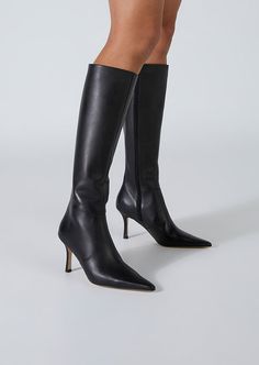 Introducing Shaq. Featuring a slender stiletto heel and pointed toe, this knee-high boot is bound to become your go-to this season and beyond. -Material: Leather -Sole: Rubber -Fit: True To Size -Toe-shape: Point -Features: Stiletto Heel -Heel: 8cm Leg Height x Calf Circumference x Opening Circumference 5 - 372mm x 348mm x 358mm 5.5 - 376.5mm x 353.5mm x 363.5mm 6 - 381mm x 359mm x 369mm 6.5 - 385.5mm x 364.5mm x 374.5mm 7 - 390mm x 370mm x 380mm 7.5 - 394.5mm x 375.5mm x 385.5mm 8 - 399mm x 381 Skin Tight Knee High Boots, Black Boots Heel, Skin Tight Boots, 2023 Footwear Trends, Black Stiletto Boots, Under The Knee Boots, Boots With Heel, Thigh High Boots Flat, High Heeled Boots