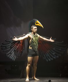 a man standing on top of a stage wearing a bird costume