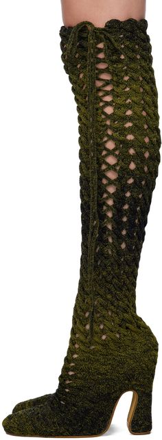 Handcrafted thigh-high cable knit boots in khaki and black. Self-tie lace detailing throughout. · Suede lining · Covered block heel with rubber injection · Leather sole · Heel: H5 in Available exclusively at SSENSE. Supplier color: Military Wallpaper Violet, Isa Boulder, Loafers Outfit, Fabric Boots, Shoes Heels Classy, High Fashion Outfits, Knit Boots, Heels Classy, Beauty Inspo