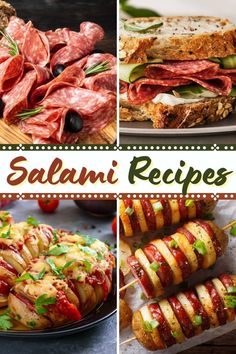 several pictures of different food items including meats, bread and vegetables with the words salami recipes on them