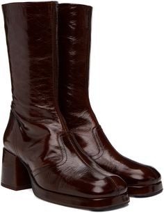 Handcrafted mid-calf crinkled patent calfskin boots in burgundy. · Square toe · Elasticized gusset at collar · Zip closure at inner side · Memory foam insole · Covered block heel with rubber injection · Leather sole with rubber injection · Heel: H2.5 in Supplier color: Brown patent Everyday Boots For Women, Block Heel Boots Outfit, Chunky Brown Boots, Brown Square Toe Boots, Office Boots, Brown Mid Calf Boots, 70s Boots, 90s Boots, Nyc Clothes