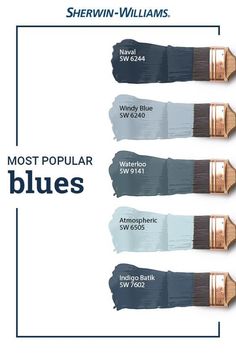 three different shades of blue paint with the words most popular blues in gold and silver