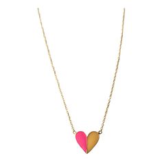 This is part of Chairish’s Fine Jewelry assortment.  A beautiful Italian 14-karat gold and enamel (bright pink and yellow) heart necklace. Colors are reminiscent of the Italian summer spirit beach coast. Beautiful as a standalone necklace or stack with other necklaces. Necklace has two-length options (16" and 16.5"), please see second to last close-up image. Marked 14-karat on back of heart as shown in last image. Also marked on chain clasp '585', which is an Italian jewelry mark. Very good cond Gold Heart-shaped Enamel Necklace, Heart-shaped Gold Enamel Necklace, Pink Enamel Heart Pendant Jewelry, Yellow Necklace With Heart Charm For Gift, Pink Enamel Necklace For Valentine's Day, Valentine's Day Yellow Gold Enamel Necklace, Yellow Heart Pendant Necklace For Valentine's Day, Yellow Gold Enamel Heart Pendant Necklace, Handmade Pink Enamel Necklaces