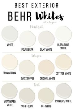 the best white paint colors for interior walls and floors with text overlay that says best exterior behr whites