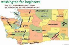 a map of washington for beginners with the states labeled in red, yellow and green