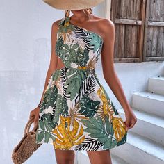 Xs=2 S=4 M=6 L=8/10 Xl=12 Xxl=14 Brand New Ships In 6-10 Days Color: Multicolor Style: Boho Pattern Type: Tropical Details: Cut Out, Asymmetrical, Knot Type: A Line Neckline: One Shoulder Sleeve Length: Sleeveless Waist Line: High Waist Hem Shaped: Flounce Length: Short Fit Type: Regular Fit Fabric: Non-Stretch Material: Polyester Composition: 95% Polyester, 5% Spandex Care Instructions: Machine Wash Or Professional Dry Clean Sheer: No Boho Patterns, Shoulder Sleeve, Green Dress, One Shoulder Dress, Cut Out, One Shoulder, Midi Dress, Sleeve Length, High Waisted