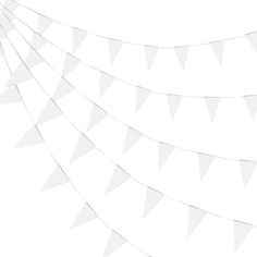 white bunting flags are hanging in the air against a white background with space for text