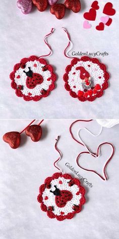 crocheted valentine's day ornaments made with hearts and yarn are shown in three different ways