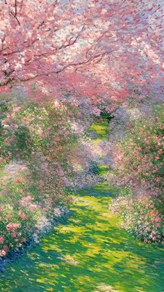 an oil painting of flowers and trees in the background, with water running through them